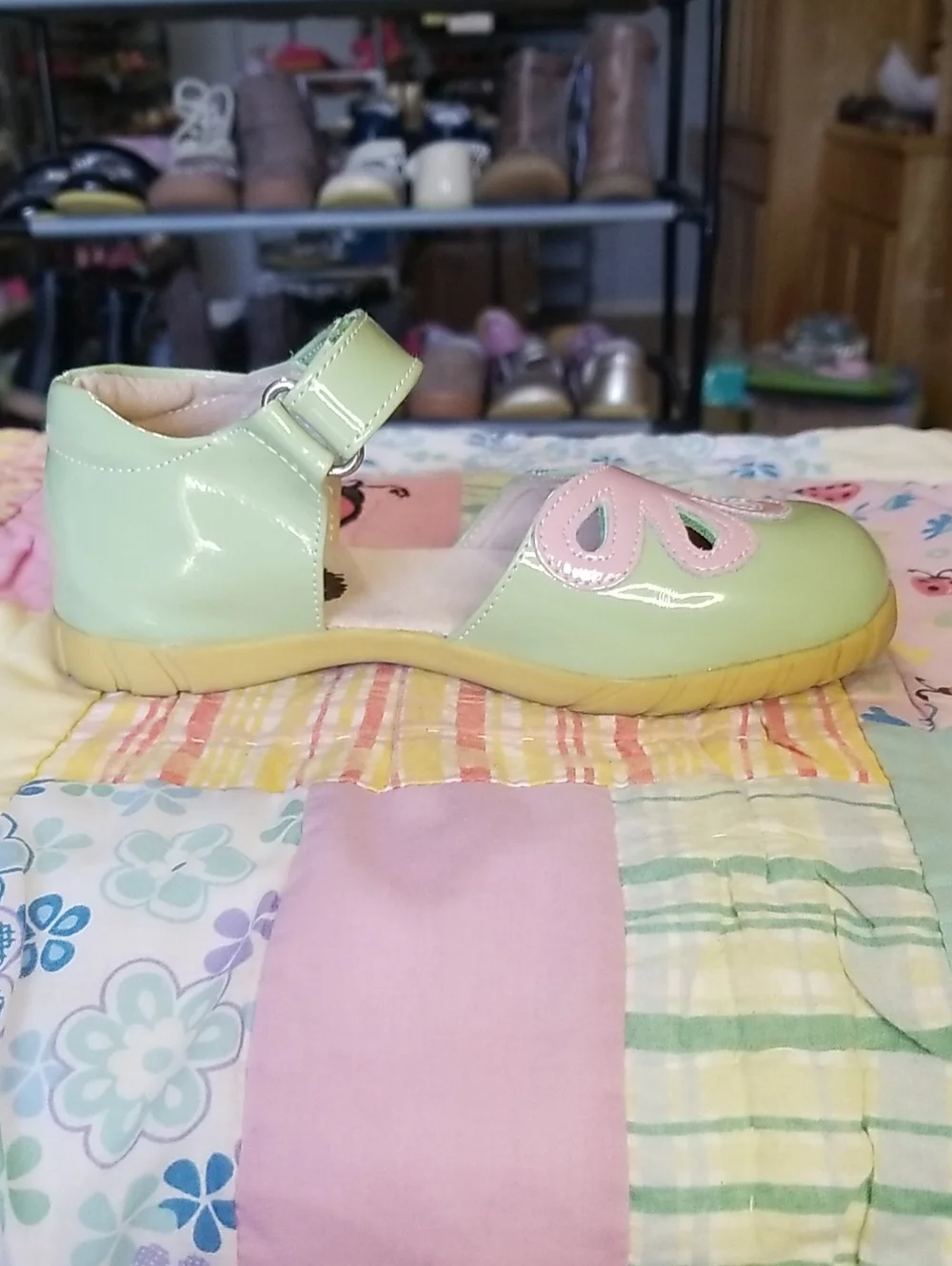 Livie & Luca Patent Leather Mary Janes in Mint Green and Pink Size 12 Petals